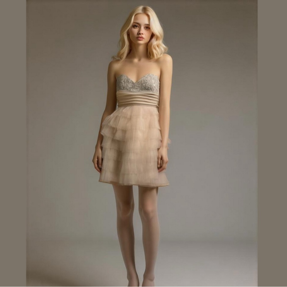 DEB Elegant Beige Tiered Strapless Dress (3/4)
